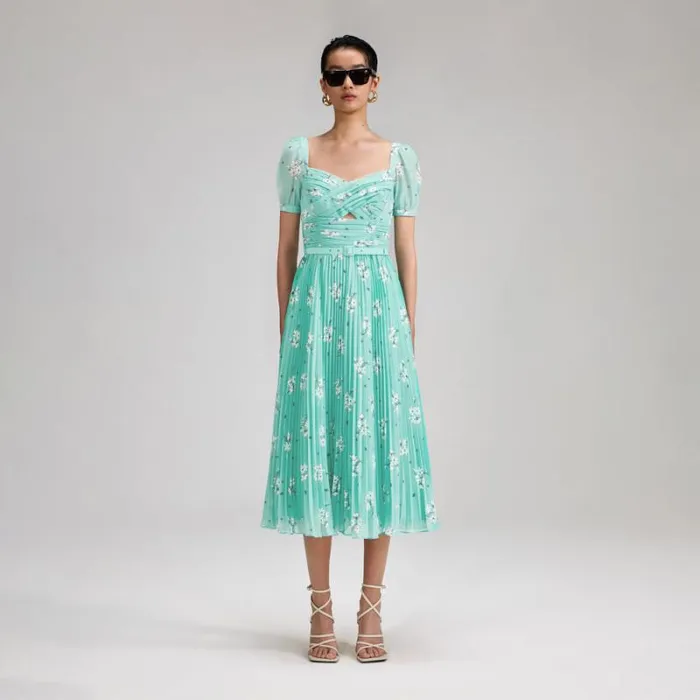 Dresses Woman SelfPortrait Blue Floral Chiffon Midi Dress