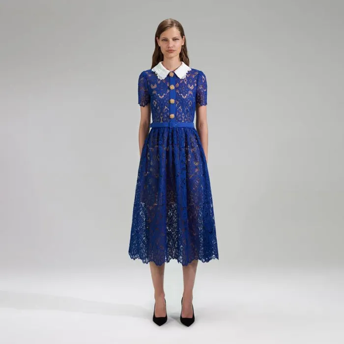 Dresses Woman SelfPortrait Blue Lace Midi Dress Contrast Collar