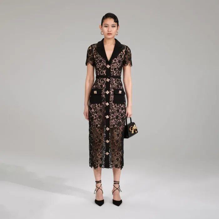 Dresses Woman SelfPortrait Blue Lace Midi Dress Contrast Collar Dresses Woman SelfPortrait Blue Lace Midi Dress Contrast Collar