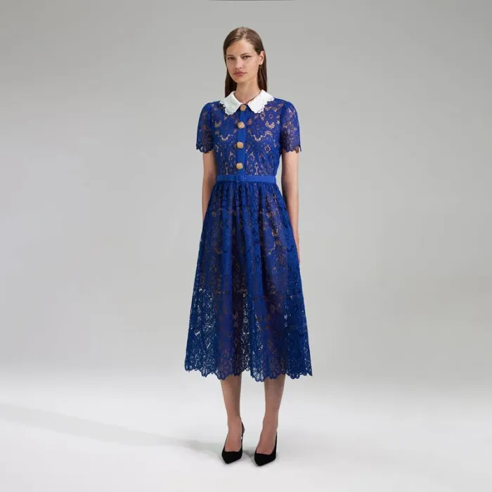 Dresses Woman SelfPortrait Blue Lace Midi Dress Contrast Collar Dresses Woman SelfPortrait Blue Lace Midi Dress Contrast Collar