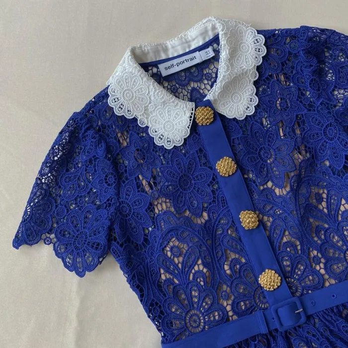 Dresses Woman SelfPortrait Blue Lace Midi Dress Contrast Collar Dresses Woman SelfPortrait Blue Lace Midi Dress Contrast Collar