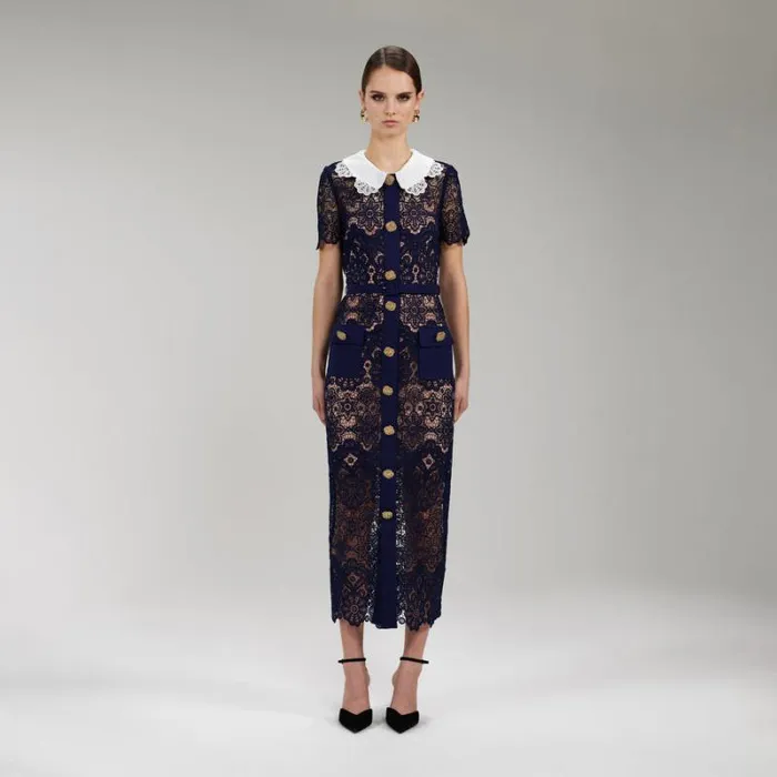 Dresses Woman SelfPortrait Blue Lace Midi Dress Contrast Collar Dresses Woman SelfPortrait Blue Lace Midi Dress Contrast Collar