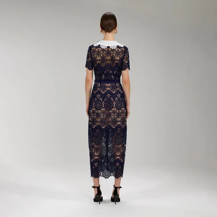 Dresses Woman SelfPortrait Blue Lace Midi Dress Contrast Collar Dresses Woman SelfPortrait Blue Lace Midi Dress Contrast Collar