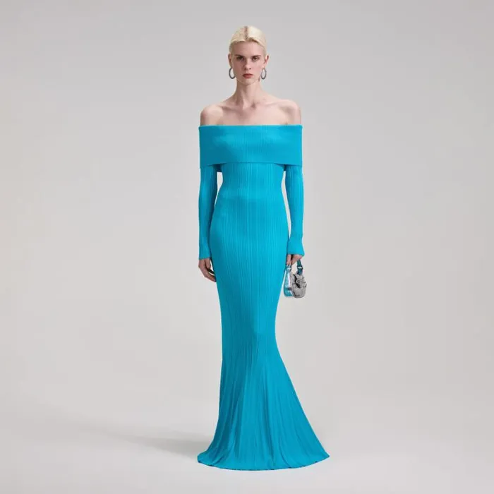 Dresses Woman SelfPortrait Blue Ribbed Knit Maxi Dress