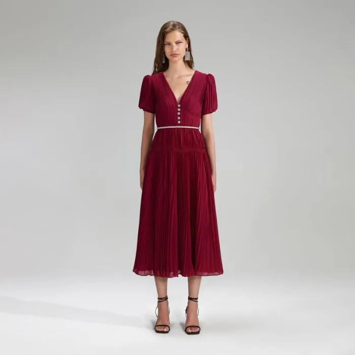 Dresses Woman SelfPortrait Burgundy Chiffon Pleated Midi Dress