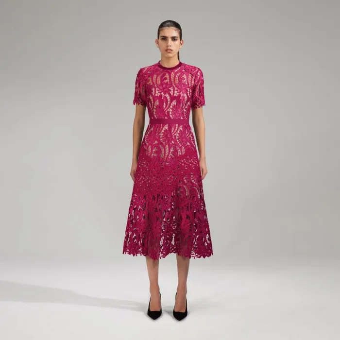Dresses Woman SelfPortrait Burgundy Floral Lace Midi Dress