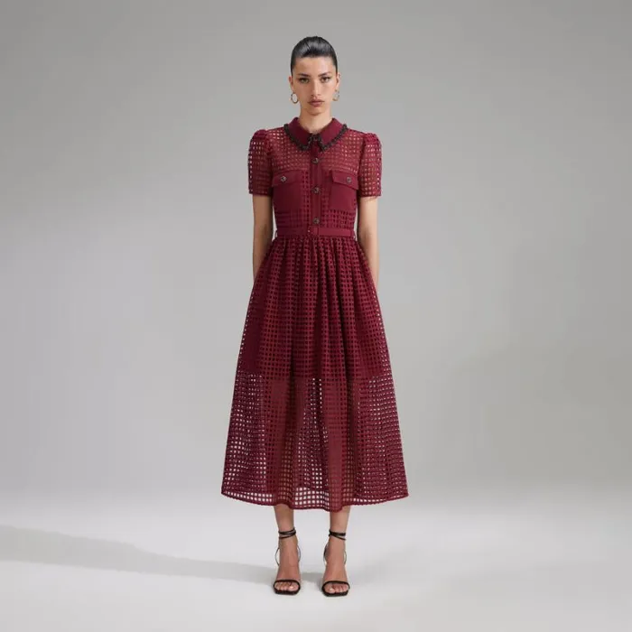 Dresses Woman SelfPortrait Burgundy Grid Lace Midi Dress