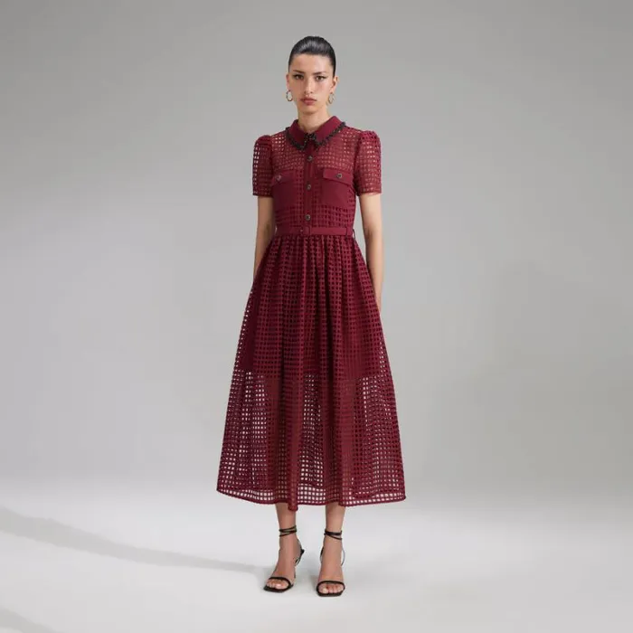 Dresses Woman SelfPortrait Burgundy Grid Lace Midi Dress Dresses Woman SelfPortrait Burgundy Grid Lace Midi Dress