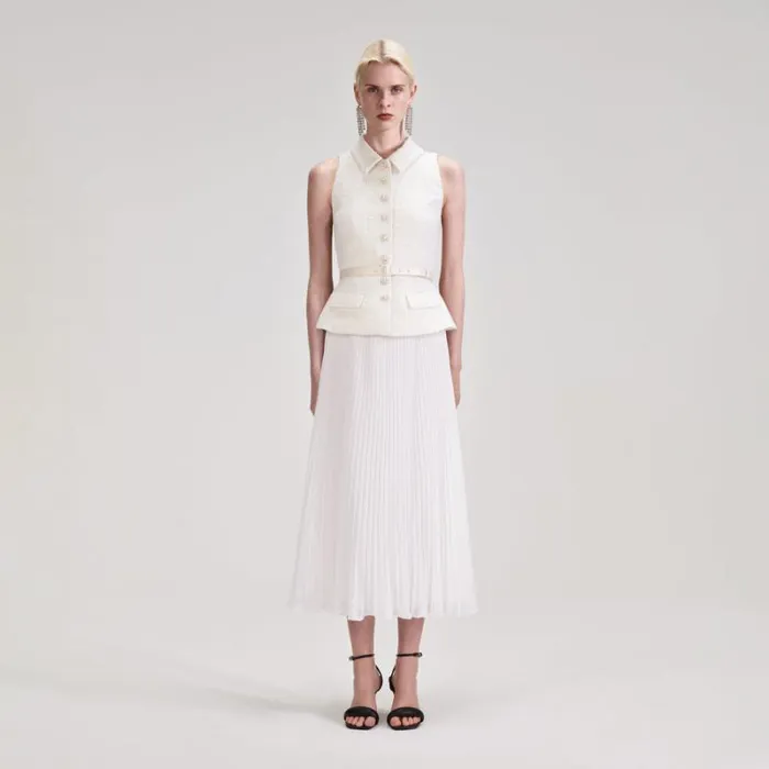 Dresses Woman SelfPortrait Cream Boucle Bodice Chiffon Midi Dress