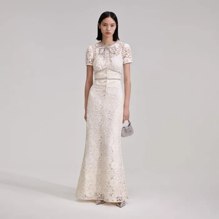 Dresses Woman SelfPortrait Cream Cord Lace Bow Maxi Dress