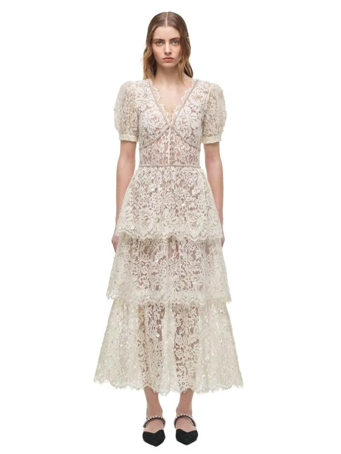Dresses Woman SelfPortrait Cream Embellished Tiered Dress