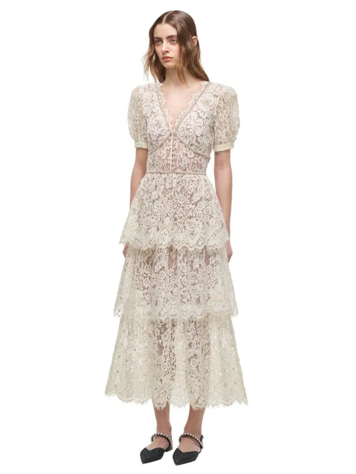 Dresses Woman SelfPortrait Cream Embellished Tiered Dress Dresses Woman SelfPortrait Cream Embellished Tiered Dress