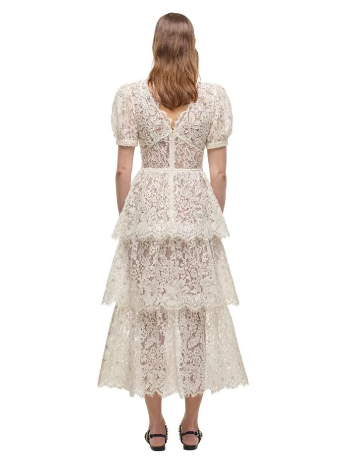 Dresses Woman SelfPortrait Cream Embellished Tiered Dress Dresses Woman SelfPortrait Cream Embellished Tiered Dress