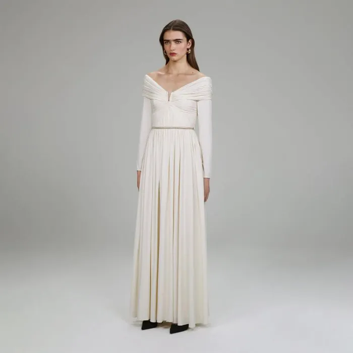 Dresses Woman SelfPortrait Cream Stretch Crepe Maxi Dress Dresses Woman SelfPortrait Cream Stretch Crepe Maxi Dress