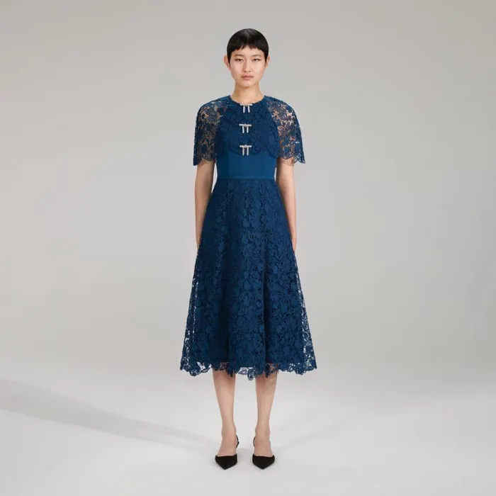 Dresses Woman SelfPortrait Dark Blue Magnolia Lace Midi Dress