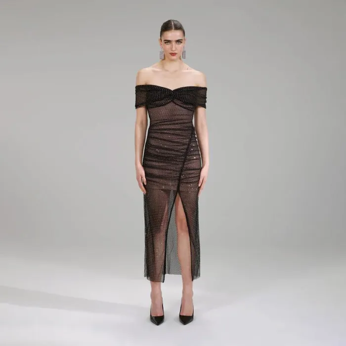 Dresses Woman SelfPortrait Diamant Fishnet Off Shoulder Midi Dress