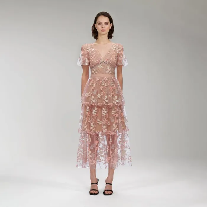 Dresses Woman SelfPortrait Flower Mesh Tiered Midi Dress