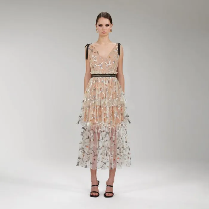 Dresses Woman SelfPortrait Flower Mesh Tiered Midi Dress Dresses Woman SelfPortrait Flower Mesh Tiered Midi Dress