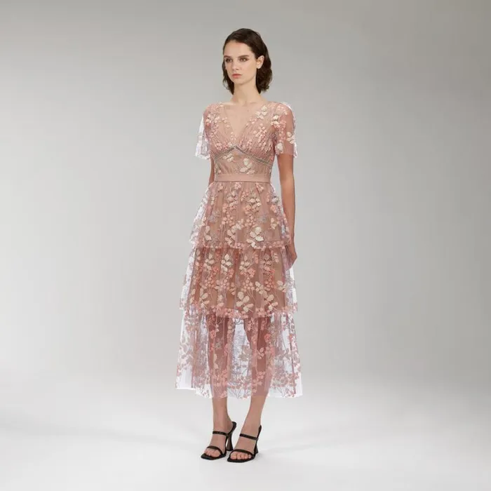 Dresses Woman SelfPortrait Flower Mesh Tiered Midi Dress Dresses Woman SelfPortrait Flower Mesh Tiered Midi Dress