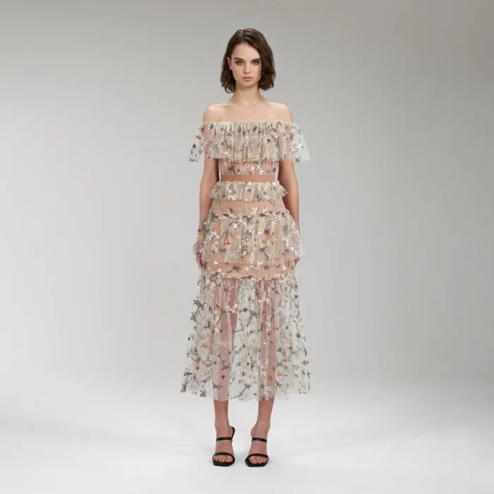 Dresses Woman SelfPortrait Flower Mesh Tiered Midi Dress Dresses Woman SelfPortrait Flower Mesh Tiered Midi Dress