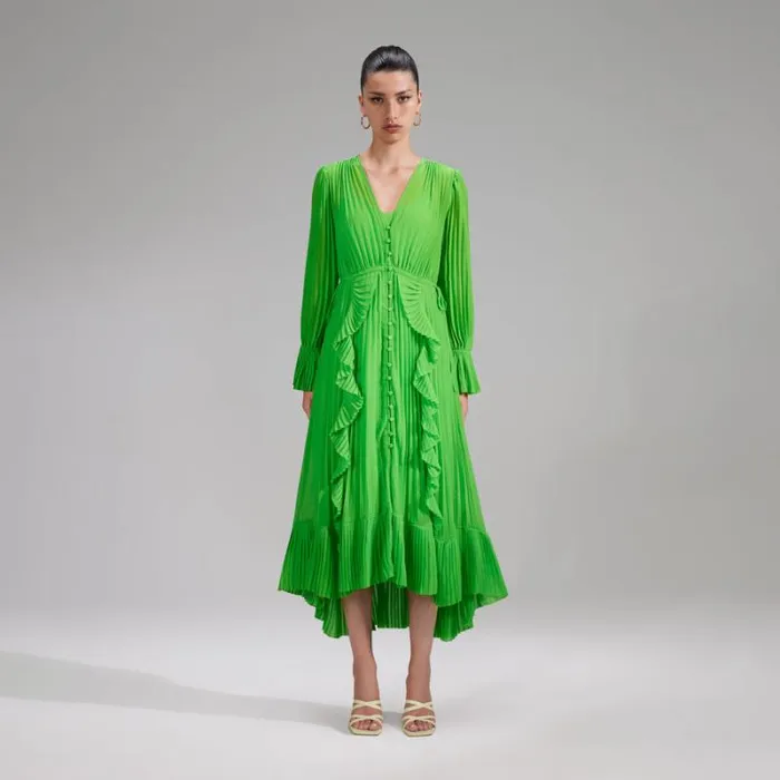 Dresses Woman SelfPortrait Green Chiffon Ruffle Midi Dress