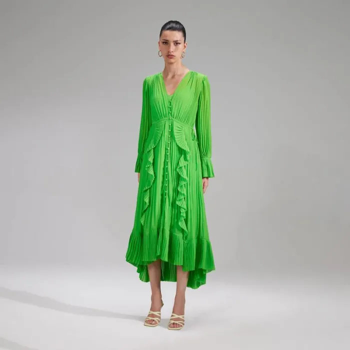 Dresses Woman SelfPortrait Green Chiffon Ruffle Midi Dress Dresses Woman SelfPortrait Green Chiffon Ruffle Midi Dress