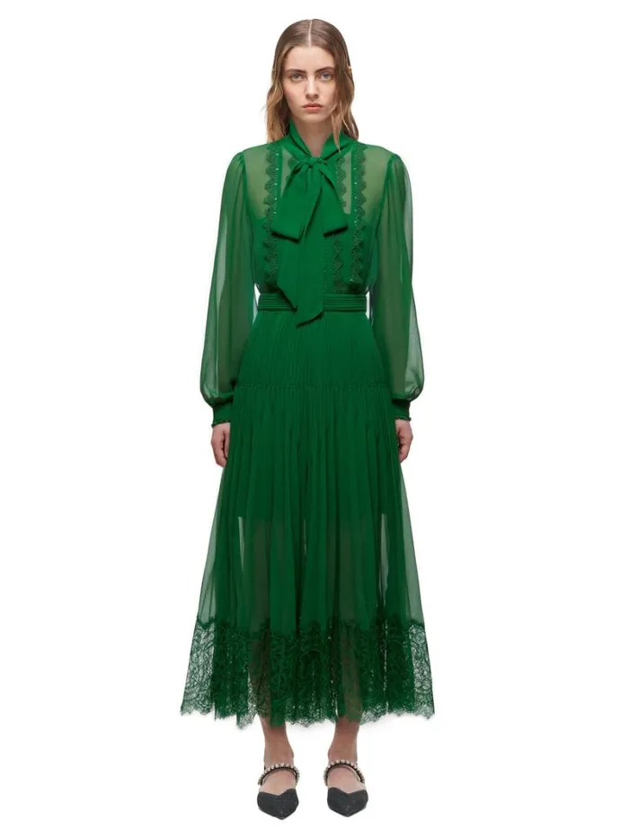 Dresses Woman SelfPortrait Green Chiffon Ruffle Midi Dress Dresses Woman SelfPortrait Green Chiffon Ruffle Midi Dress