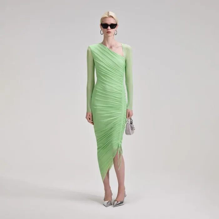 Dresses Woman SelfPortrait Green Mesh Ruched Midi Dress
