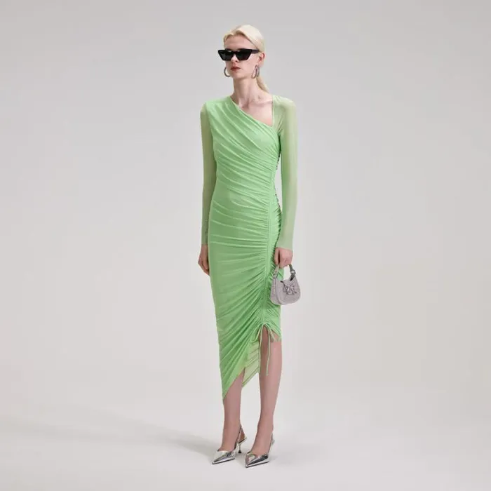 Dresses Woman SelfPortrait Green Mesh Ruched Midi Dress Dresses Woman SelfPortrait Green Mesh Ruched Midi Dress