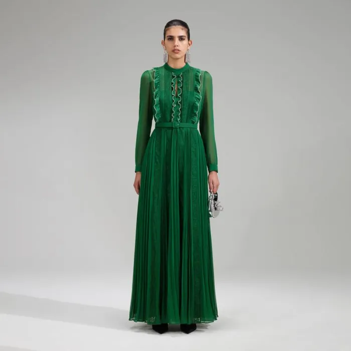 Dresses Woman SelfPortrait Green Pleated Rhinestone Detail Maxi Dress