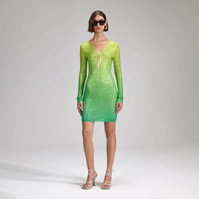 Dresses Woman SelfPortrait Green Rhinestone Mesh Keyhole Mini Dress