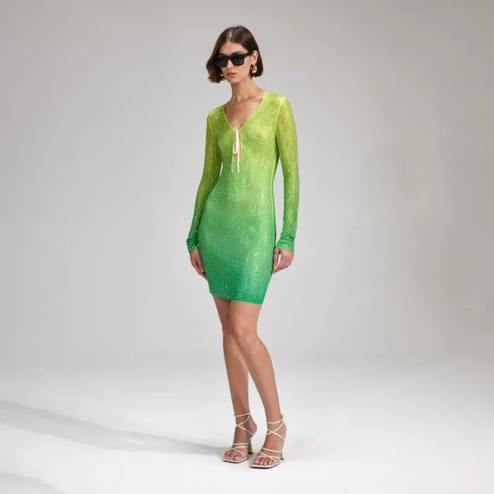 Dresses Woman SelfPortrait Green Rhinestone Mesh Keyhole Mini Dress Dresses Woman SelfPortrait Green Rhinestone Mesh Keyhole Mini Dress
