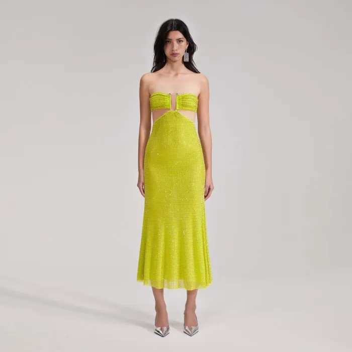 Dresses Woman SelfPortrait Green Rhinestone Mesh Midi Dress