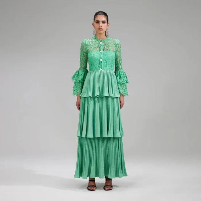 Dresses Woman SelfPortrait Green Tiered Cord Lace Maxi Dress