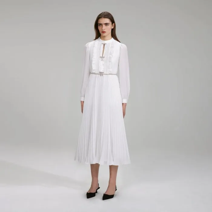Dresses Woman SelfPortrait Ivory Ruffled Bib Midi Dress Dresses Woman SelfPortrait Ivory Ruffled Bib Midi Dress