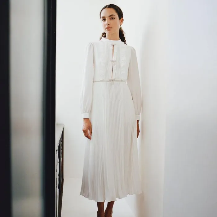 Dresses Woman SelfPortrait Ivory Ruffled Bib Midi Dress Dresses Woman SelfPortrait Ivory Ruffled Bib Midi Dress