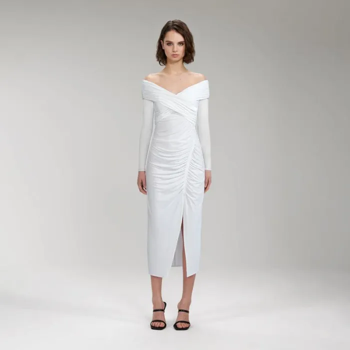 Dresses Woman SelfPortrait Ivory Stretch Crepe Midi Dress Dresses Woman SelfPortrait Ivory Stretch Crepe Midi Dress