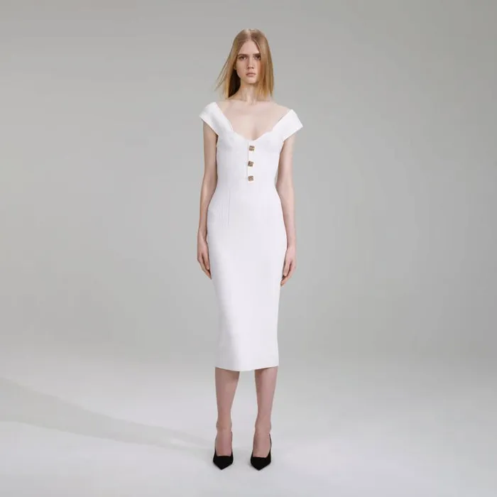 Dresses Woman SelfPortrait Ivory Stretch Crepe Midi Dress Dresses Woman SelfPortrait Ivory Stretch Crepe Midi Dress