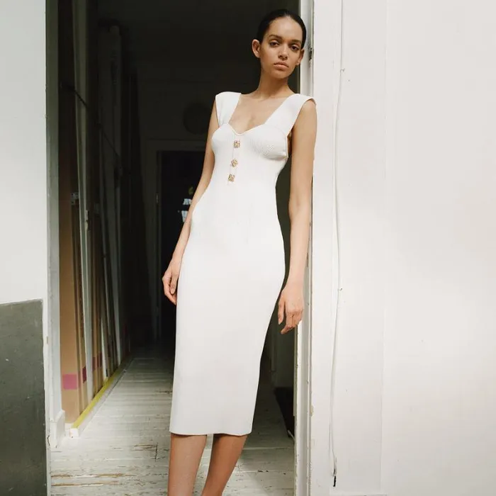 Dresses Woman SelfPortrait Ivory Stretch Crepe Midi Dress Dresses Woman SelfPortrait Ivory Stretch Crepe Midi Dress