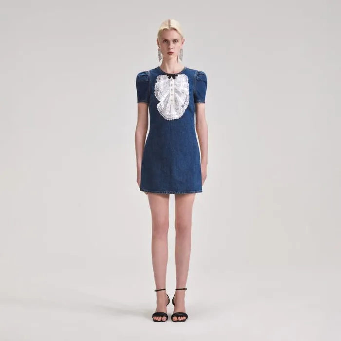 Dresses Woman SelfPortrait Lace Bib Denim Mini Dress