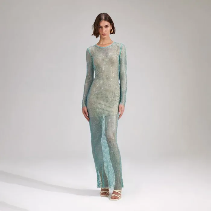 Dresses Woman SelfPortrait Mint Rhinestone Fishnet Maxi Dress