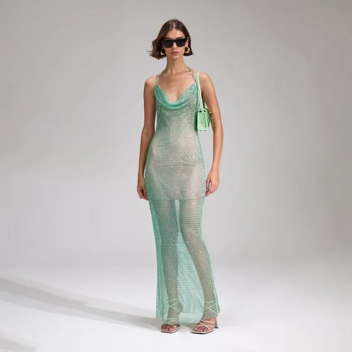 Dresses Woman SelfPortrait Mint Rhinestone Fishnet Maxi Dress Dresses Woman SelfPortrait Mint Rhinestone Fishnet Maxi Dress