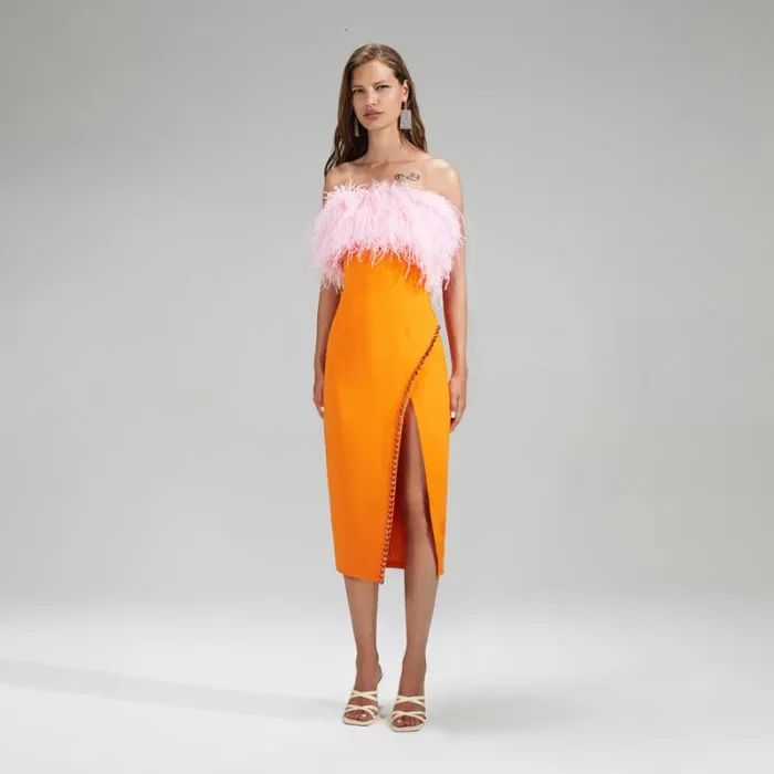 Dresses Woman SelfPortrait Orange Crepe Midi Dress With Trim Dresses Woman SelfPortrait Orange Crepe Midi Dress With Trim