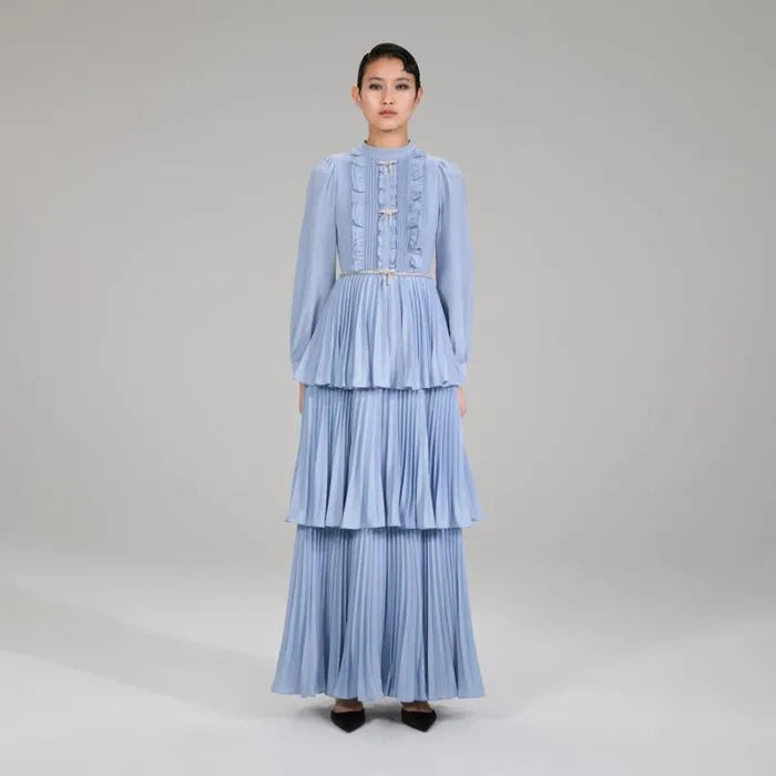 Dresses Woman SelfPortrait Pastel Blue Ruffled Bib Maxi Dress