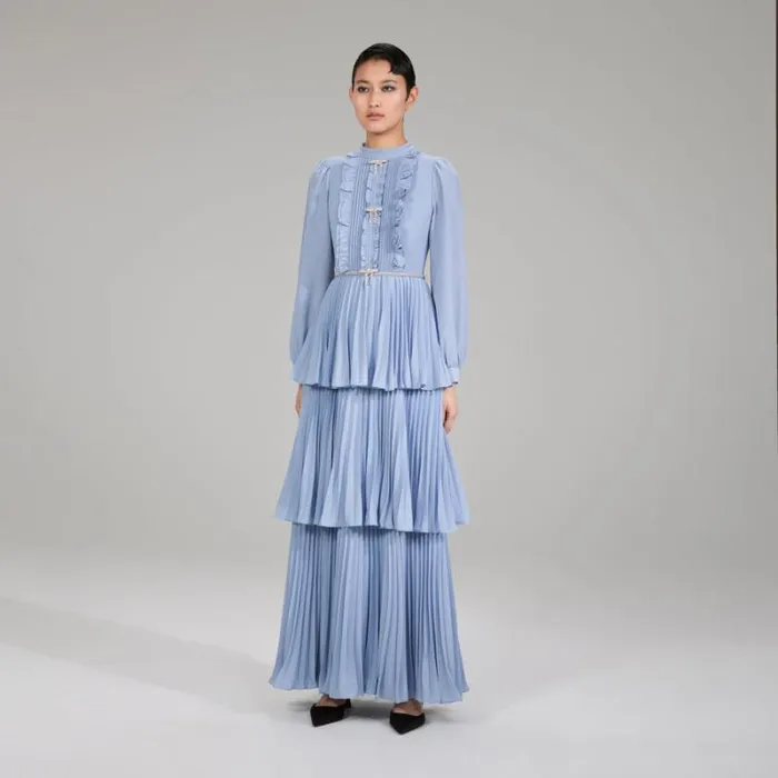 Dresses Woman SelfPortrait Pastel Blue Ruffled Bib Maxi Dress Dresses Woman SelfPortrait Pastel Blue Ruffled Bib Maxi Dress