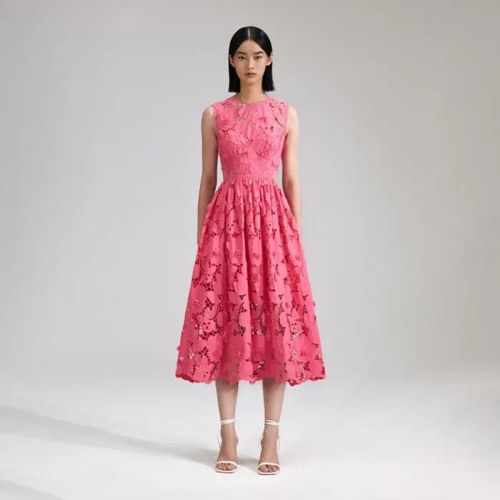 Dresses Woman SelfPortrait Pink 3D Cotton Lace Midi Dress