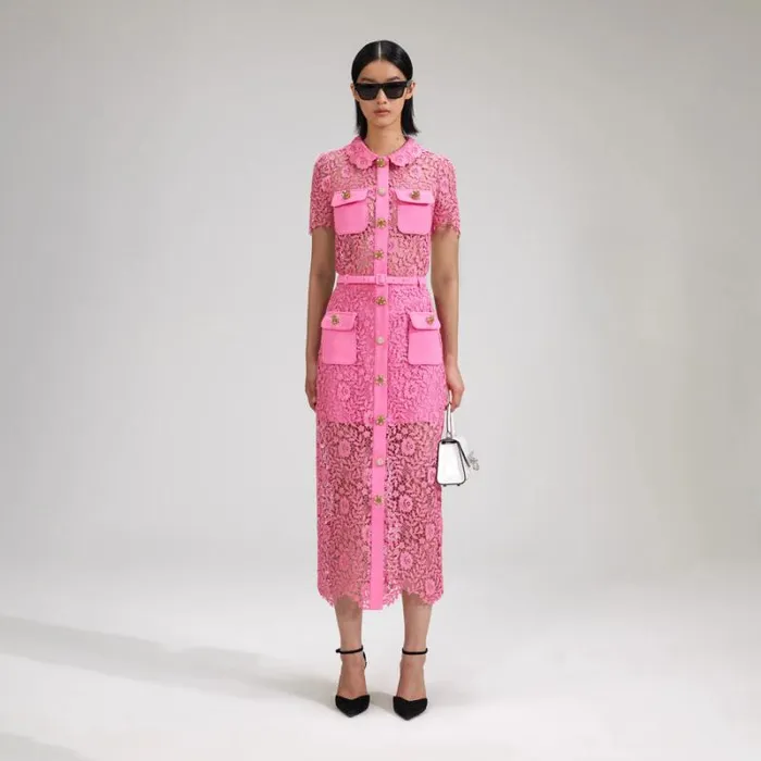 Dresses Woman SelfPortrait Pink 3D Cotton Lace Midi Dress Dresses Woman SelfPortrait Pink 3D Cotton Lace Midi Dress