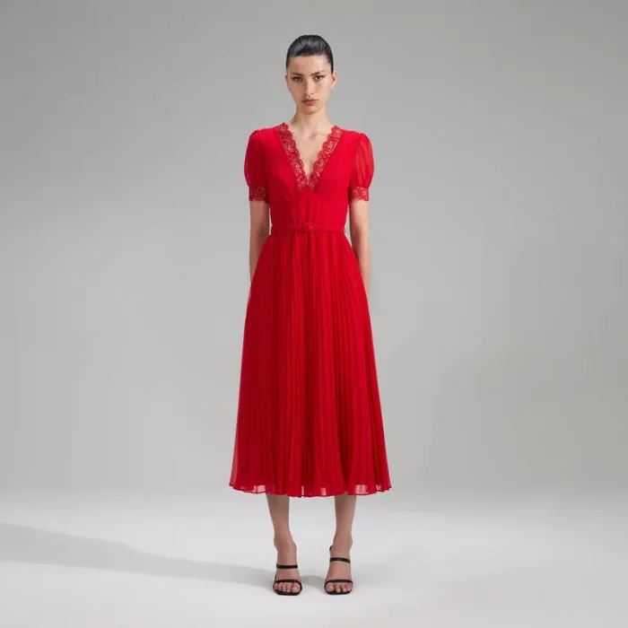 Dresses Woman SelfPortrait Red Chiffon Midi Dress Lace Detail