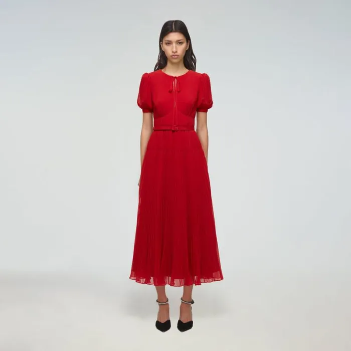 Dresses Woman SelfPortrait Red Chiffon Midi Dress Lace Detail Dresses Woman SelfPortrait Red Chiffon Midi Dress Lace Detail
