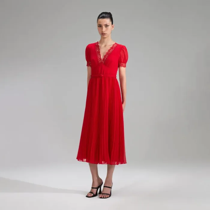 Dresses Woman SelfPortrait Red Chiffon Midi Dress Lace Detail Dresses Woman SelfPortrait Red Chiffon Midi Dress Lace Detail